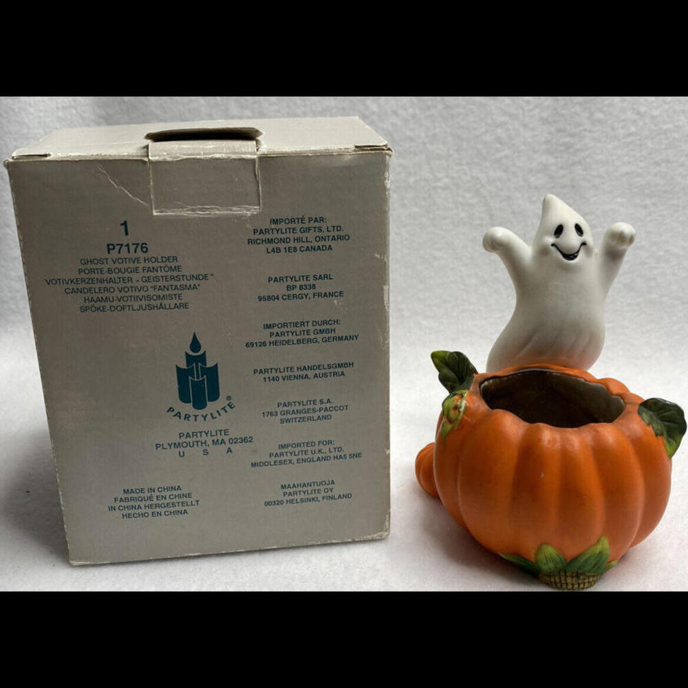 PartyLite Halloween Vintage Orange White Ghost Votive Holder # P7176 Retired